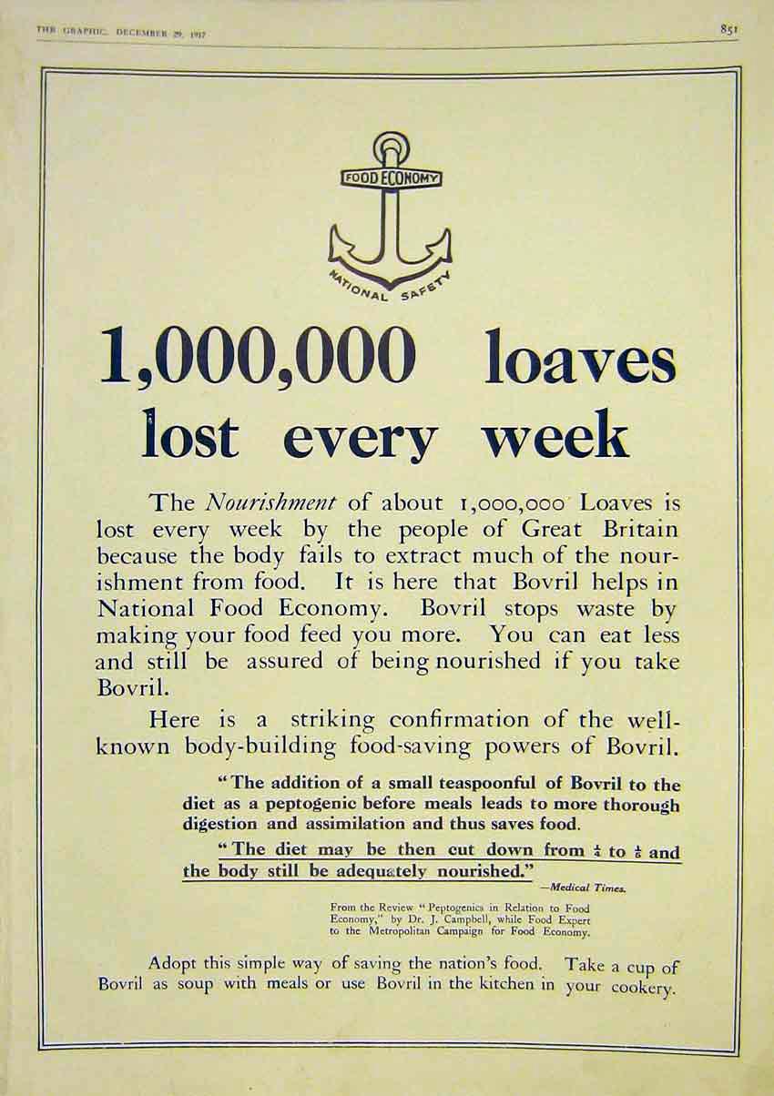 Original Old Vintage Print Bovril National Food Economy 1917 Advert 20th Century