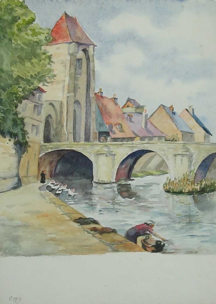 Original Old Vintage Print Town Bridge River Houses C1980 M Smart Water-Colour