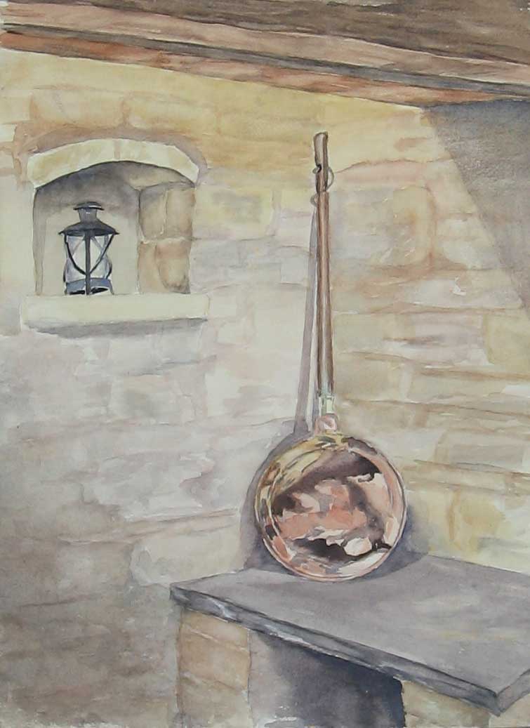 Original Old Vintage Print C1980 M Smart Water-Colour Kitchen Pan Lamp House Art