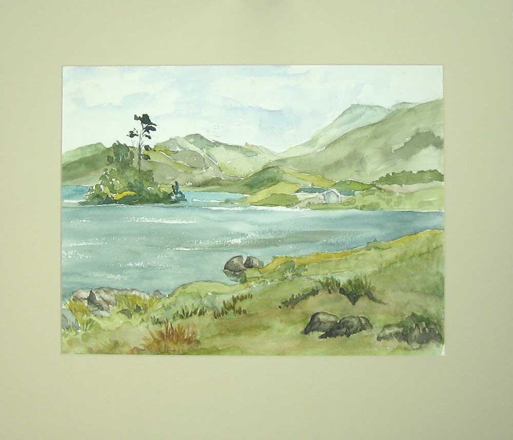 Original Old Vintage Print C1980 M Smart Water-Colour Mountains Lake Trees Art
