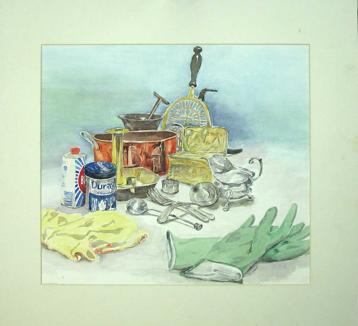 Old Vintage Print C1980 M Smart Water-Colour Silverware Polish Gloves Art 20th