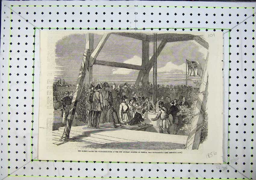 Old Antique Print May1856 Queen Laying Foundation Stone Hamble Hospital 19th