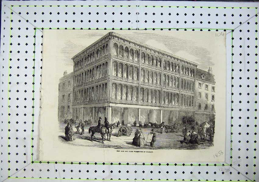 Original Old Antique Print 1856 Iron Glass Warehouse Glasgow Street Scene 19th