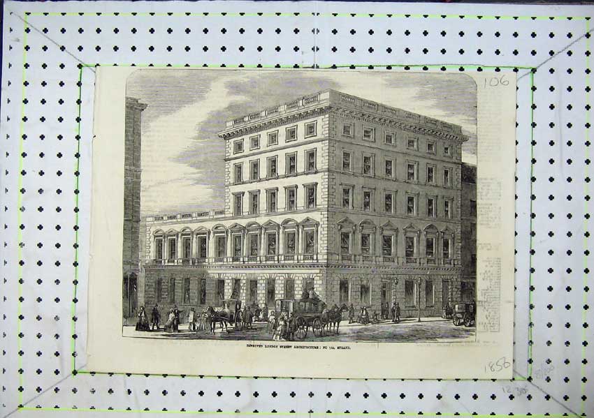 Original Old Antique Print Improved London Street Architecture Strand 1856 19th