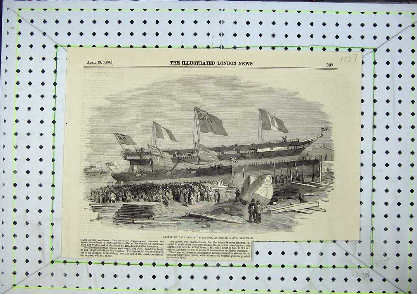 Original Old Antique Print Launch Genova Steam Ship Mares Blackwall Flags 1856