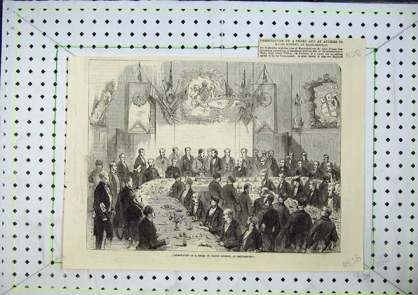 Original Old Antique Print Presentation Sword Major Hibbert Macclesfield 1856