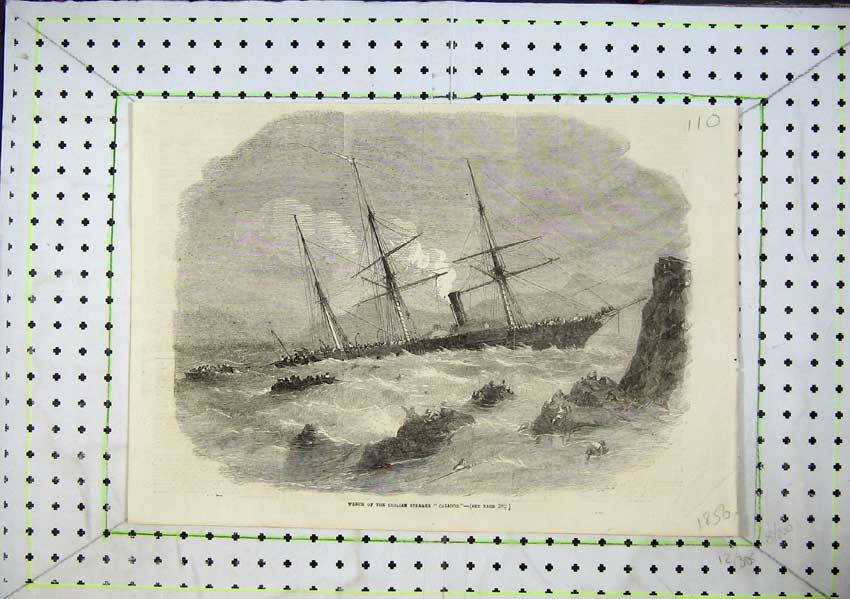 Original Old Antique Print Wreck Chilian Steamer Cazador Survivors Rocks 1856