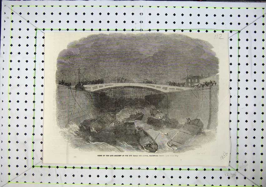 Original Old Antique Print Scene Accident City Canal Dock Gates Blackwall 1856