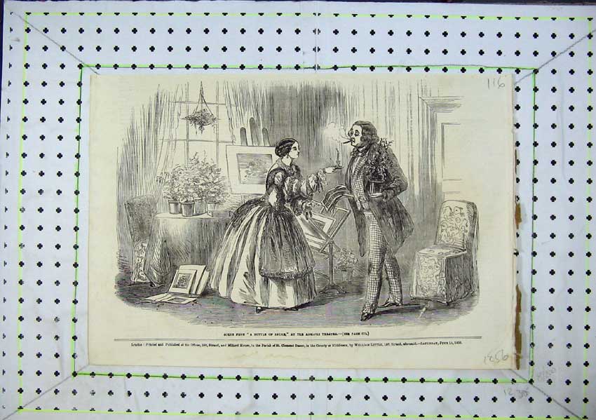 Original Old Antique Print 1856 Theatre Scene From A Bottle Smoke Aldephi 19th