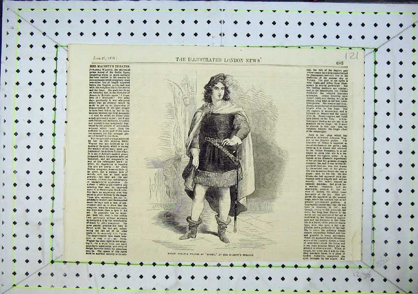 Original Old Antique Print 1856 Majestys Theatre Johanna Wagner As Romeo 19th