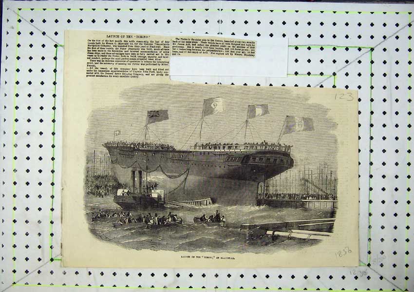 Original Old Antique Print 1856 Launch Ship Boat Torino Blackwall Flags 19th