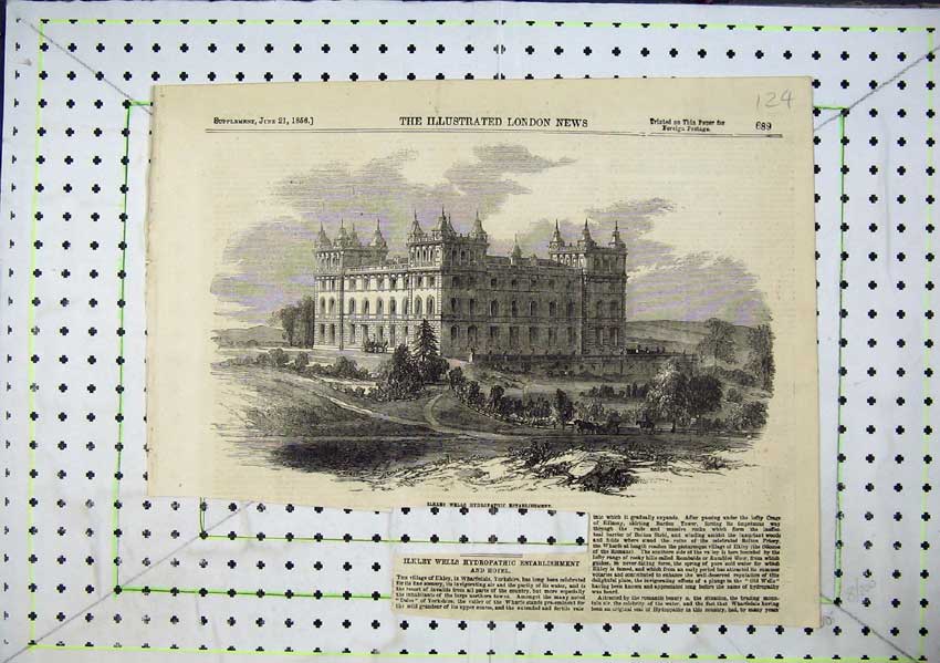 Original Old Antique Print 1856 Ilkley Wells Hydropathic Establishment Hotel