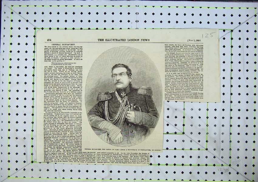 Original Old Antique Print Portrait General Mouravieff Captor Kars Moscow 1856