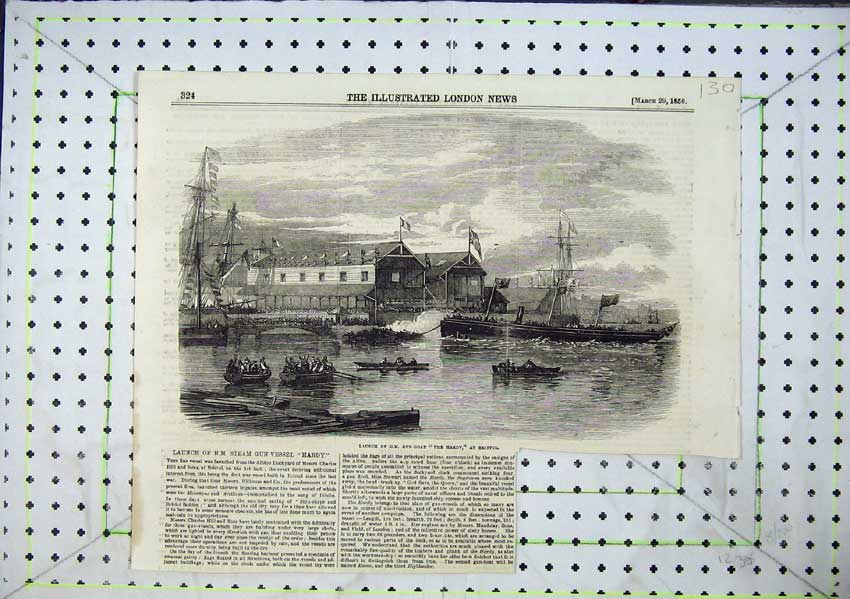 Old Antique Print Launch Steam Gun Vessel Hardy 1856 Bristol Charles Hill 19th