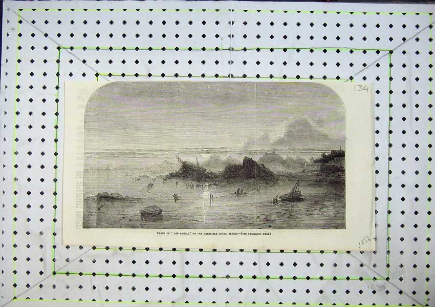 Original Old Antique Print Wreck Ship Amelia Hermitage Rocks Jersey 1856 19th