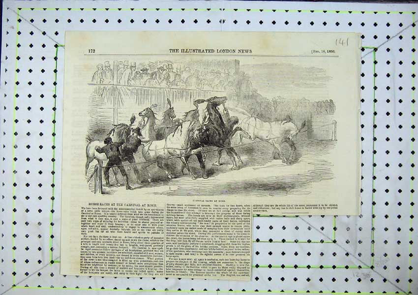 Original Old Antique Print Horse Racing Carnival Rome Horses Start Line 1856