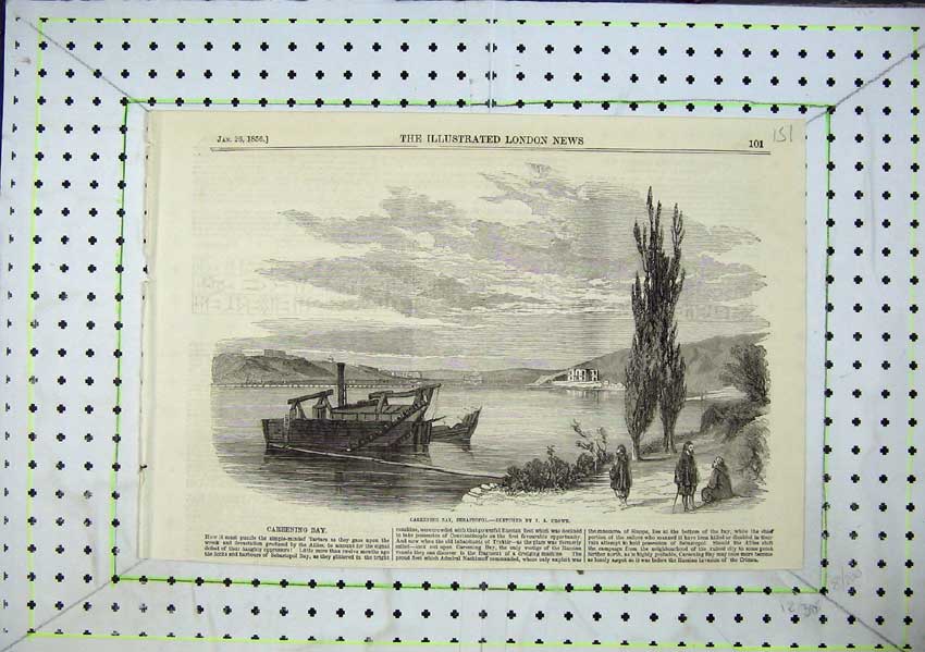 Original Old Antique Print Careening Bay Sebastopol Crowe Boat River 1856 19th