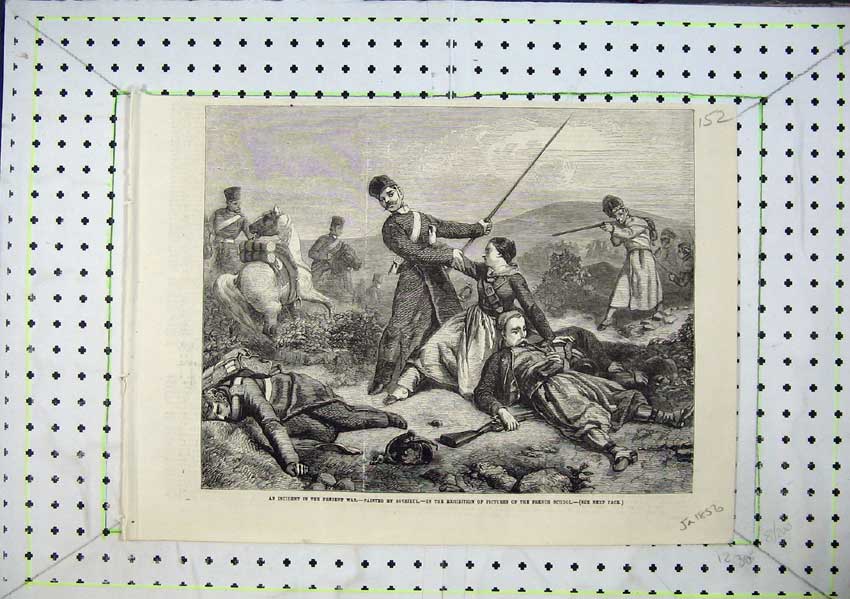 Original Old Antique Print Incident War Woman Grieving French 1856 Fine Art