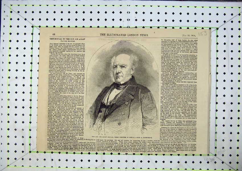 Original Old Antique Print Portrait Hon Allan Macnab Prime Minister Canada 1856