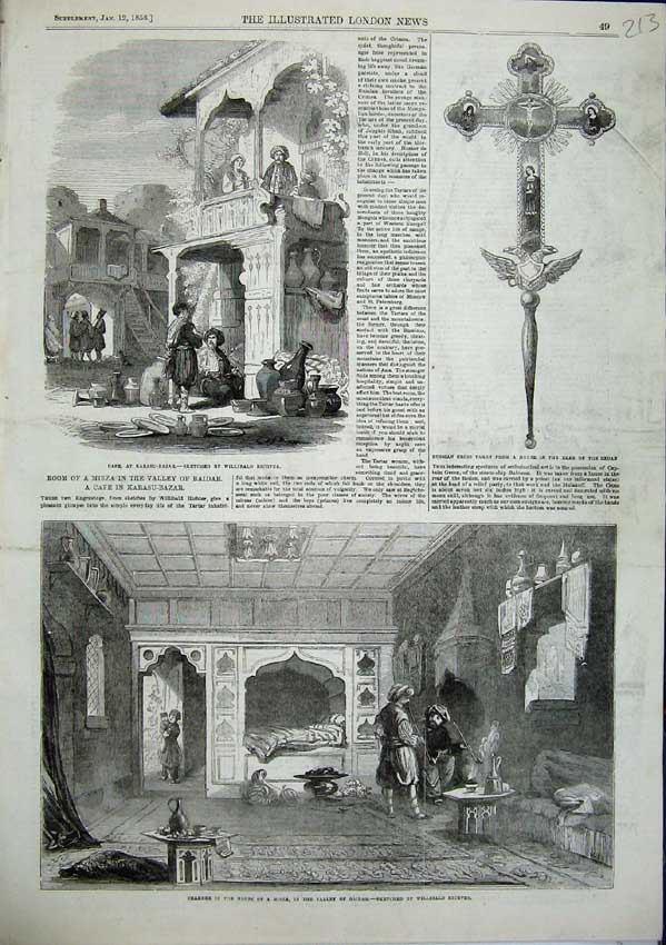 Original Old Antique Print Cafe Karasu Bazar Russian Cross Mirza Baidar 1856