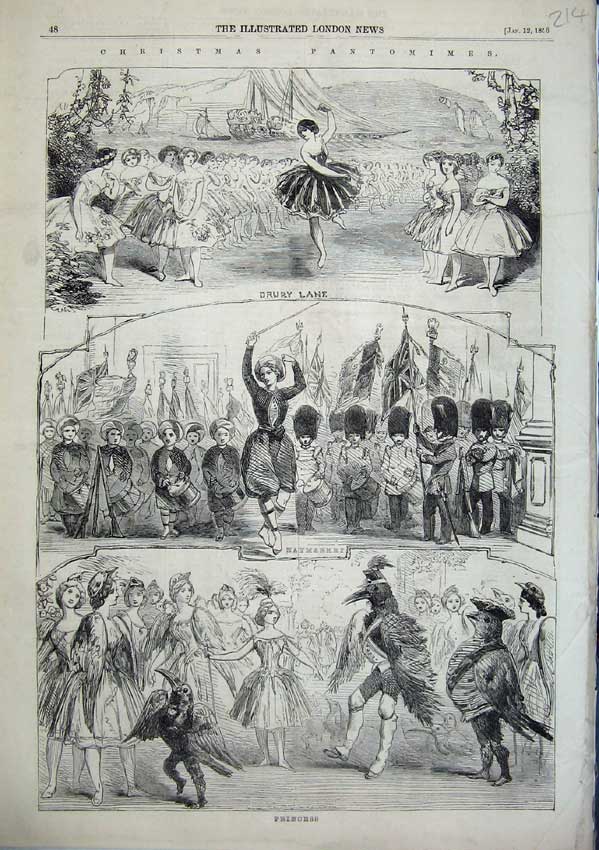 Old Antique Print Christmas Pantomimes 1856 Drury Lane Haymarket Princess 19th