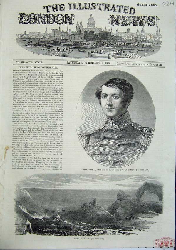 Original Old Antique Print General Williams Portrait 1856 Balaclava Heights