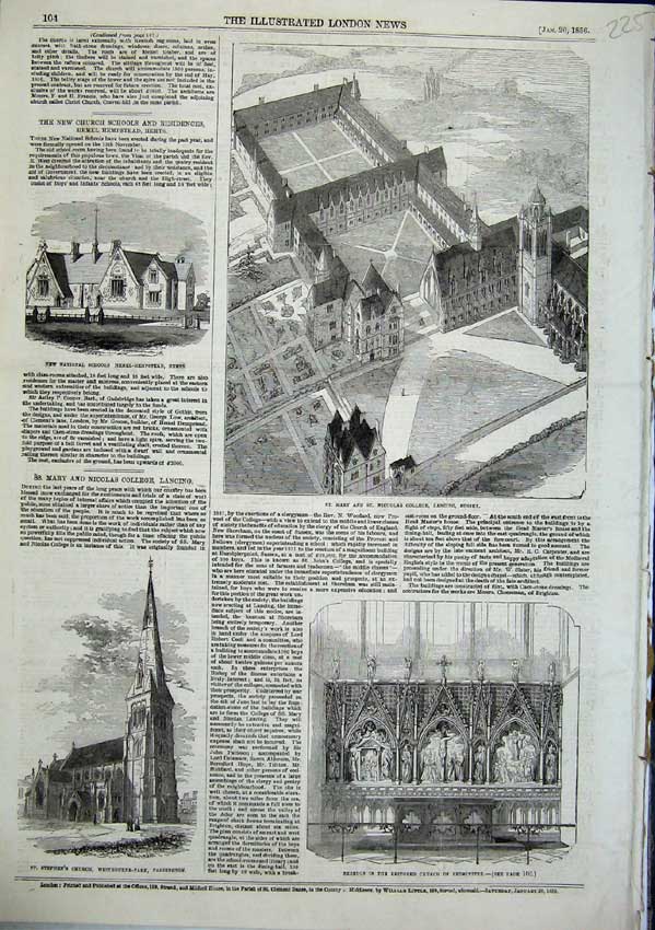 Old Antique Print 1856 St Mary Nicolas College Lancing St Stephens Church 19th