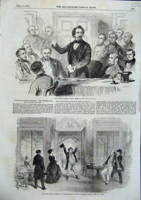 Old Antique Print Dulwich College Adelphi Theatre 1856 Evil Genius Play 19th
