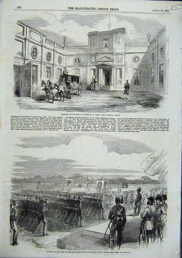 Original Old Antique Print Earl Clarendon Residence Paris 1856 Train Artillery
