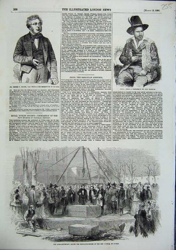 Original Old Antique Print Picco Sardinian Minstrel 1856 George Bidder Dublin