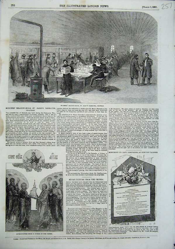 Original Old Antique Print Siers Reading Room St Marys Barrack Chatham 1856