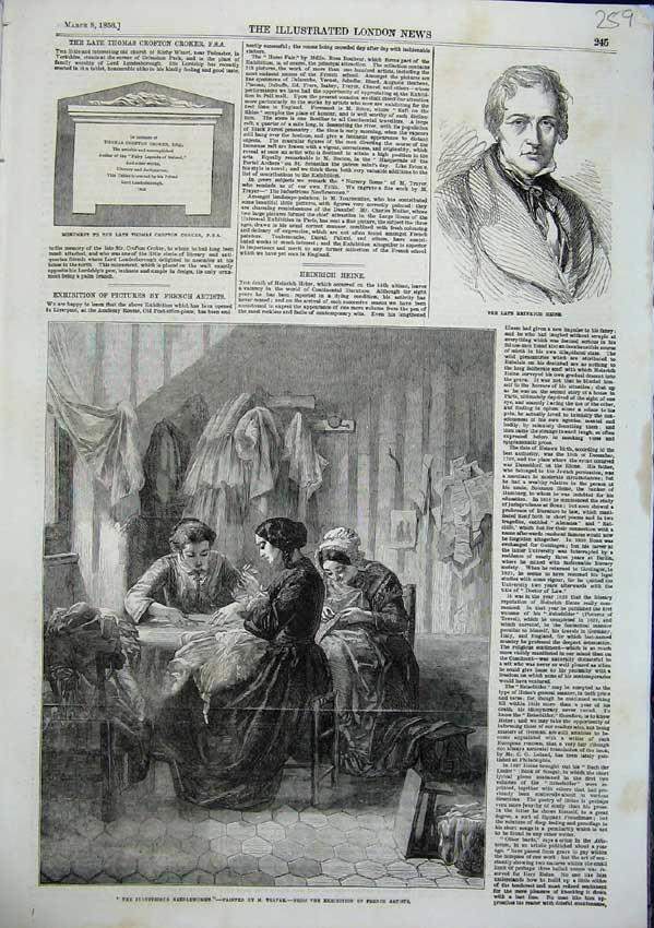 Old Antique Print Heinrich Heine 1856 Industrious Needlewoman Traver Art 19th