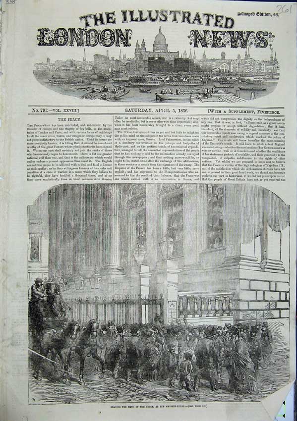Original Old Antique Print Reading The News Peace At Mansion House 1856 19th