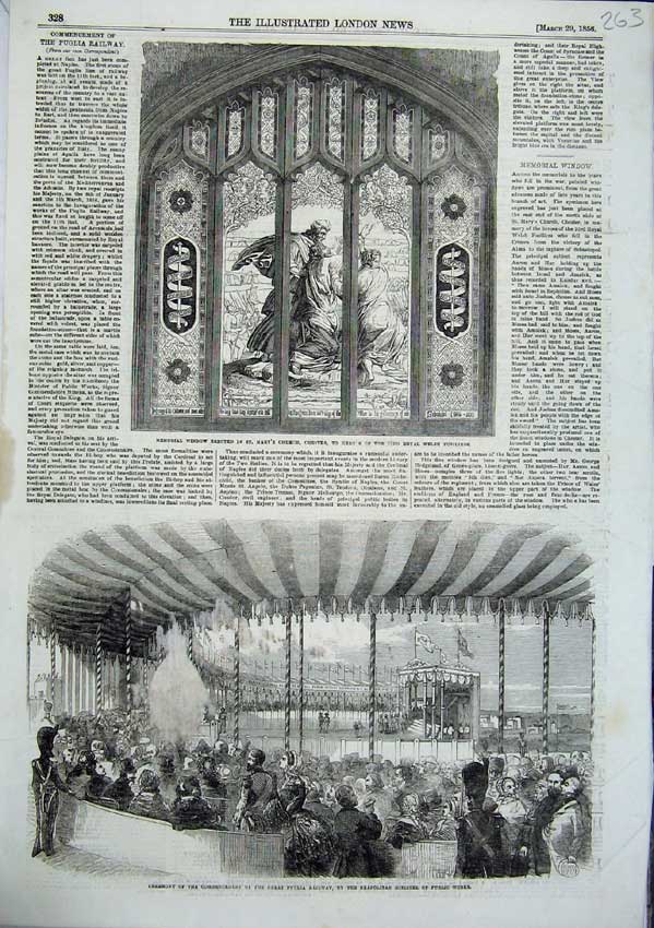 Original Old Antique Print 1856 Memorial Window St Marys Chester Puglia Railway