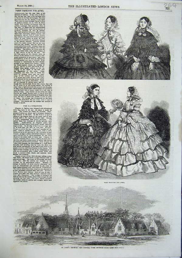 Old Antique Print Paris Fashions April 1856 Deptford Lewisham Road School 19th