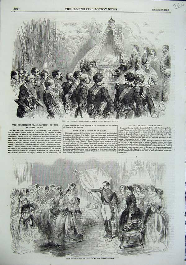 Original Old Antique Print 1856 Half Baptism Imperial Prince Dames De La Halle