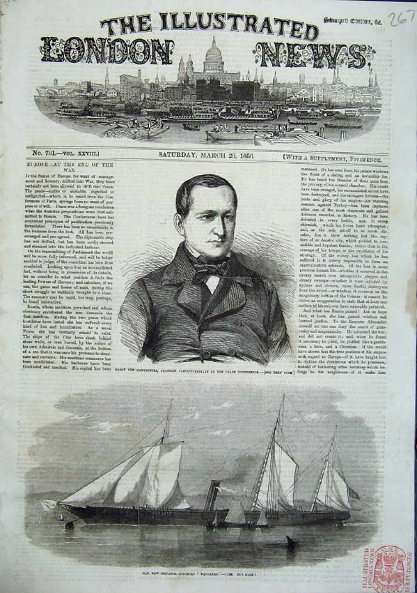 Original Old Antique Print Baron Von Manteuffel 1856 Gun Boat Wanderer 19th