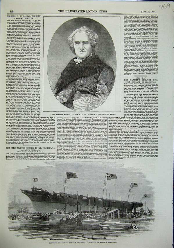 Original Old Antique Print American Minister Hon Dallas Vigilant Gun Boat 1856