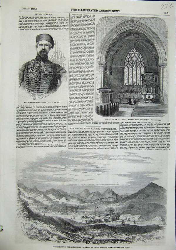 Original Old Antique Print 1856 General Cannon Church Paddington Vehar Salsette
