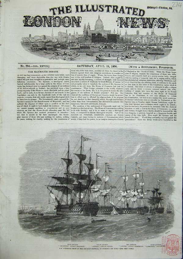 Old Antique Print Blue White Red Light Divisonal Ships Gun Boat Flottila