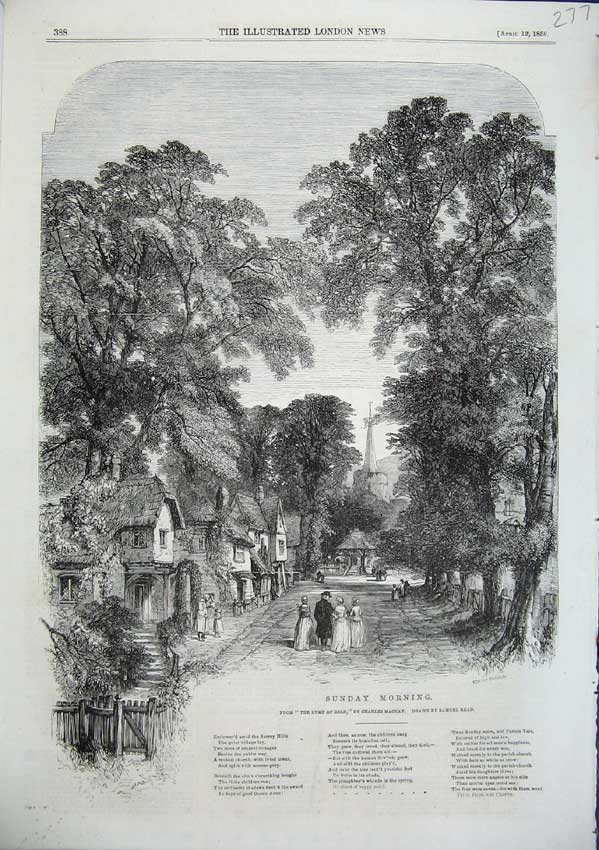 Original Old Antique Print Sunday Morning Lump GCharles Mackay Poem 1856 19th