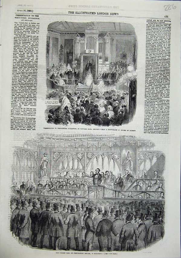 Old Antique Print 1856 Vicountess Dungannon Belfast Common Hall Guildhall 19th