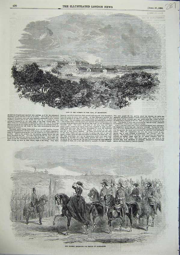 Original Old Antique Print 1856 Royal Visit Camp Aldershot Queen Reviews Troops