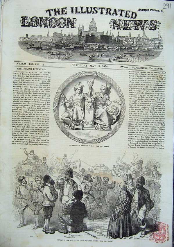 Old Antique Print 1856 Sanhurst Memorial Shield Army Corps Return Crimea 19th