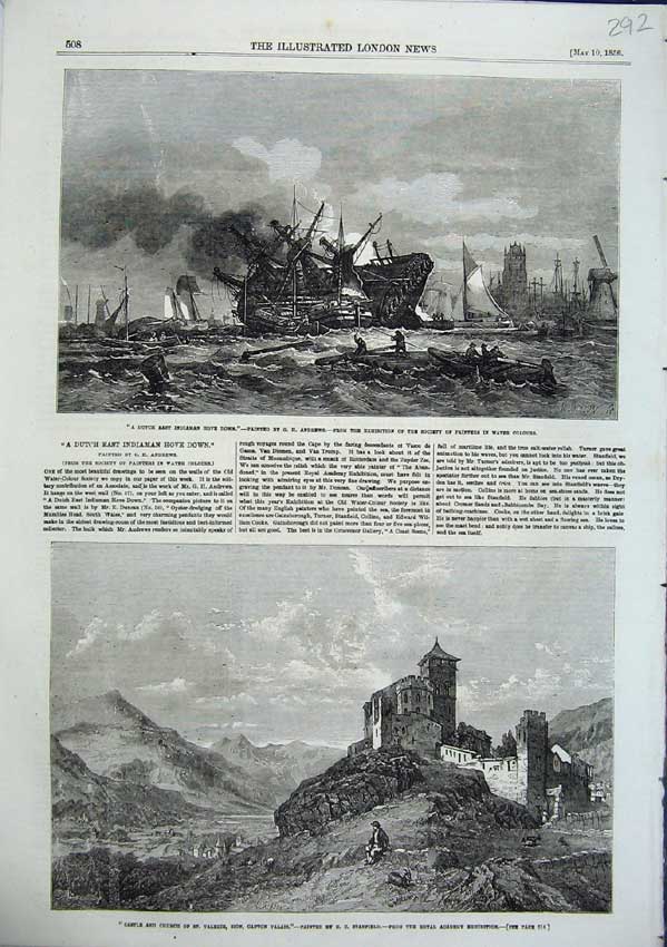 Original Old Antique Print 1856 Art Indiaman Andrews St Valerie Sion Stansfield
