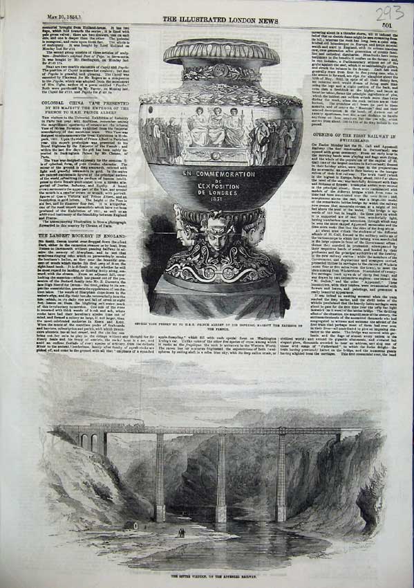 Old Antique Print Sevres Chinese Vase 1856 Sitter Viaduct Appenzel Rail 19th