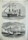 Original Old Antique Print Naval Review Pivot Ships Rodney London Gun Boat 1856