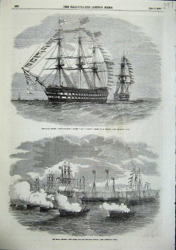 Original Old Antique Print Naval Review Pivot Ships Rodney London Gun Boat 1856