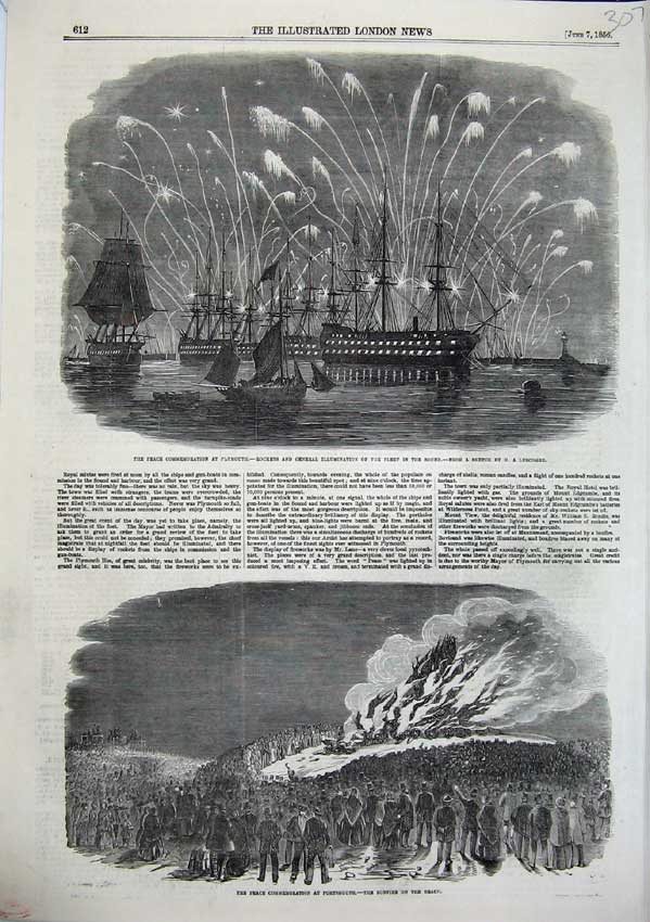 Old Antique Print Plymouth 1856 Fleet In Sound Portsmouth Bonfire Beach 19th