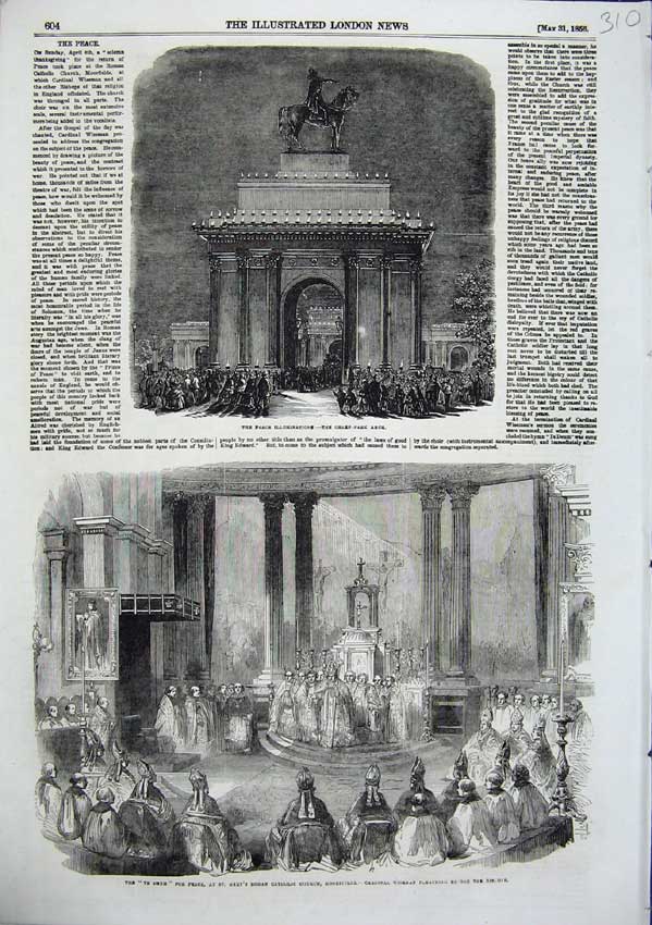 Original Old Antique Print Green Park Arch Te Drum St Mary Church Wiseman 1856